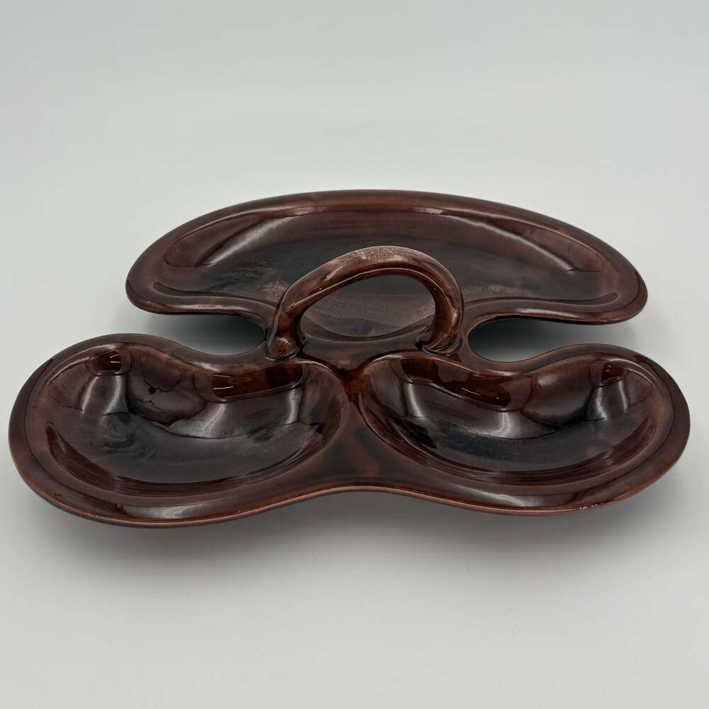 MCM Brown Drip Glaze Relish Platter 3 Bowl Ceramic Serving Tray 1960s - Picture 5 of 9